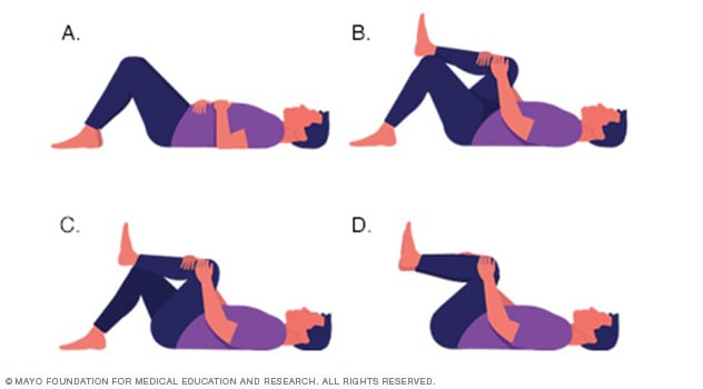 Illustrations of a person lying on back, bringing knees to chest