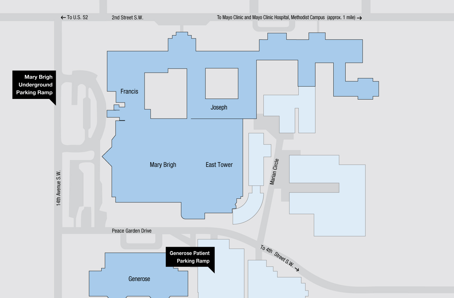Mapa de estacionamiento del campus de Saint Marys de Mayo Clinic en Rochester, Minnesota