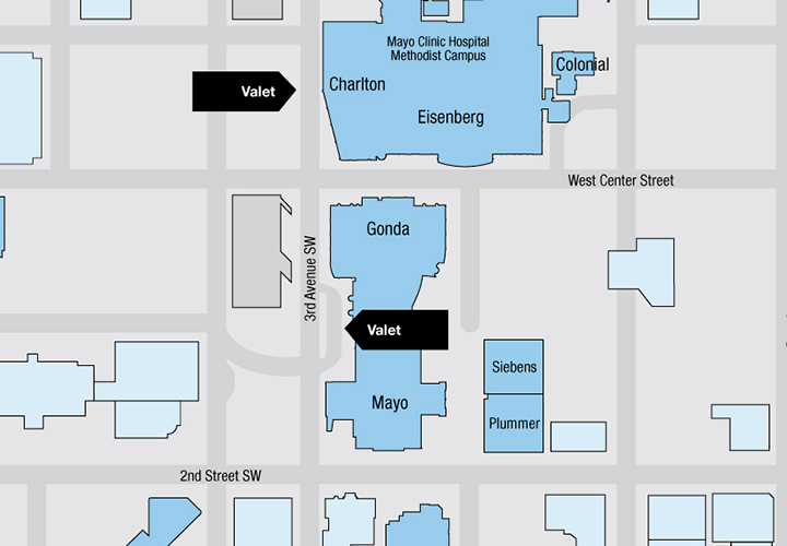 Mapa de estacionamiento con valet de la sede del centro de Mayo Clinic en Rochester, Minnesota