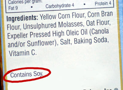 Example of a label on food that contains a food allergen 
