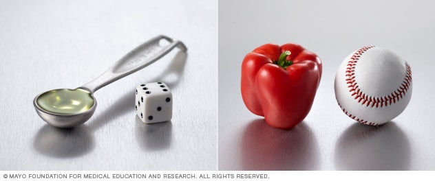 أمثلة على الدلائل الإرشادية لضبط حجم الحصة الغذائية من الدهون والخضراوات.