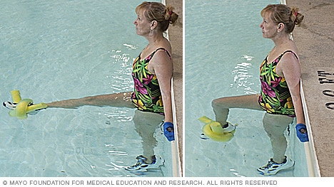 Persona que hace un ejercicio de piernas con un tubo flotador o churro de piscina