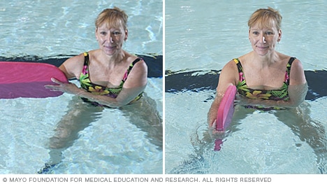 A person doing a resistance exercise using a kickboard