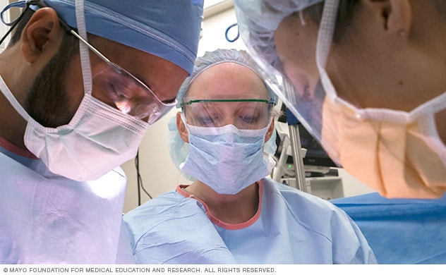 Surgeons perform a minimally invasive gynecologic surgery.