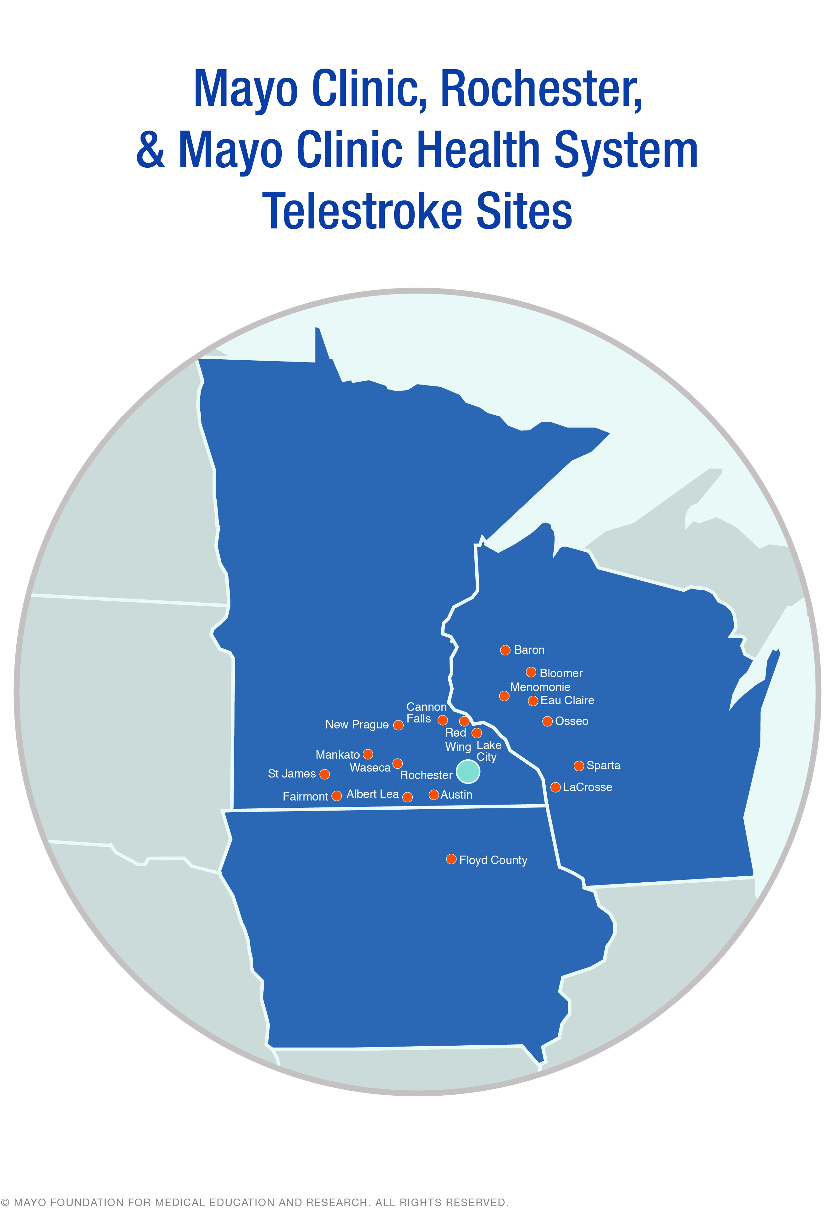 Map of Mayo Clinic stroke telemedicine originating and distant sites