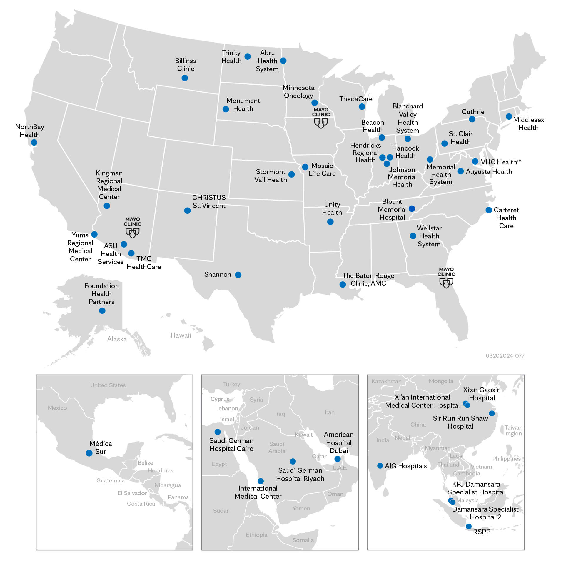 خريطة توضح مواقع Mayo Clinic Care Network (شبكة الرعاية في Mayo Clinic (مايو كلينك))