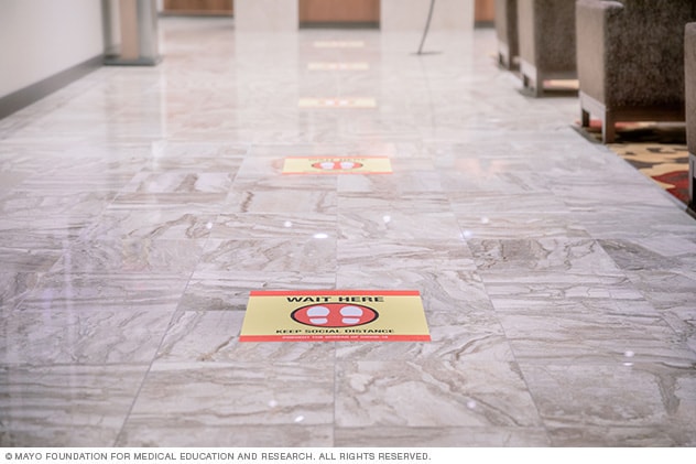 Social distance markers on floor