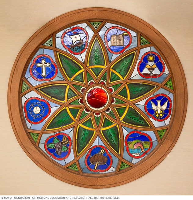 The stained-glass window of the chapel at Mayo Clinic Hospital, Methodist campus