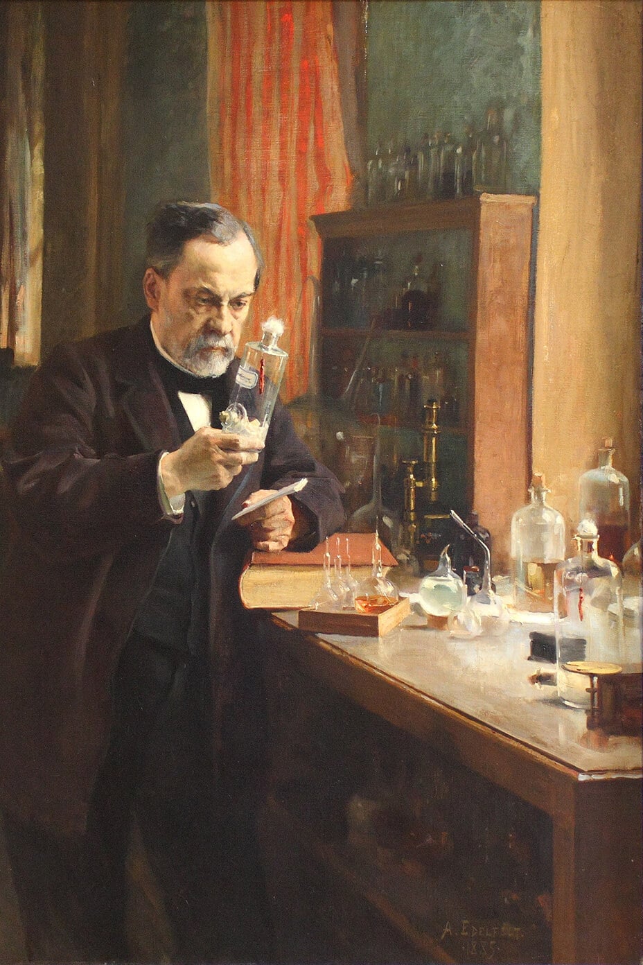 Dr. Louis Pasteur in his lab holding a bottle