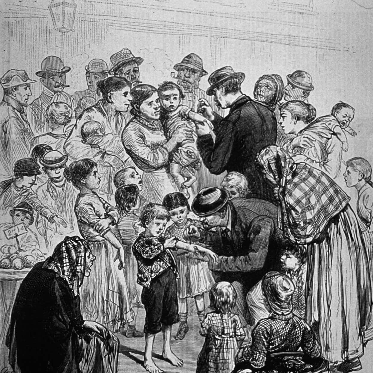 A crowd of people gathered to get smallpox vaccines