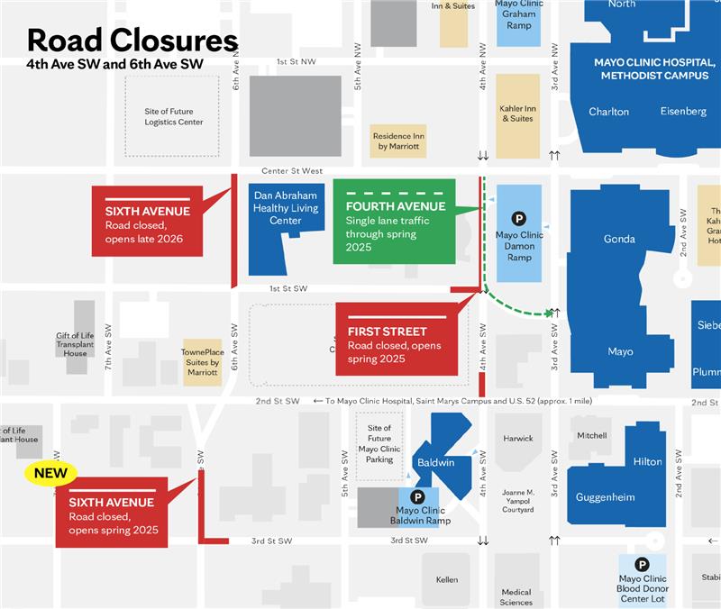 Mapa del trabajo de construcción en Mayo Clinic en Rochester