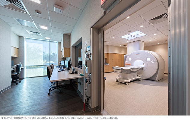 View of the MRI machine room and the waiting room outside