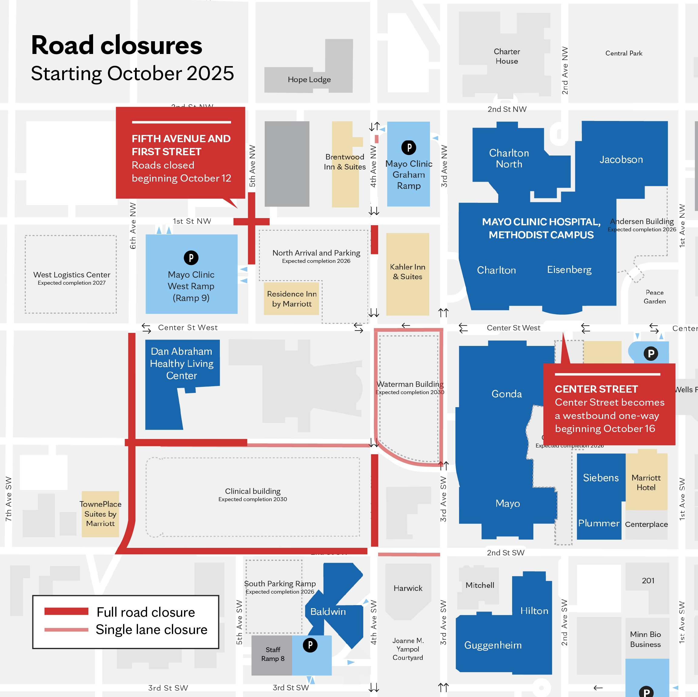 Map of 5th Ave NW and 1st St NW closures