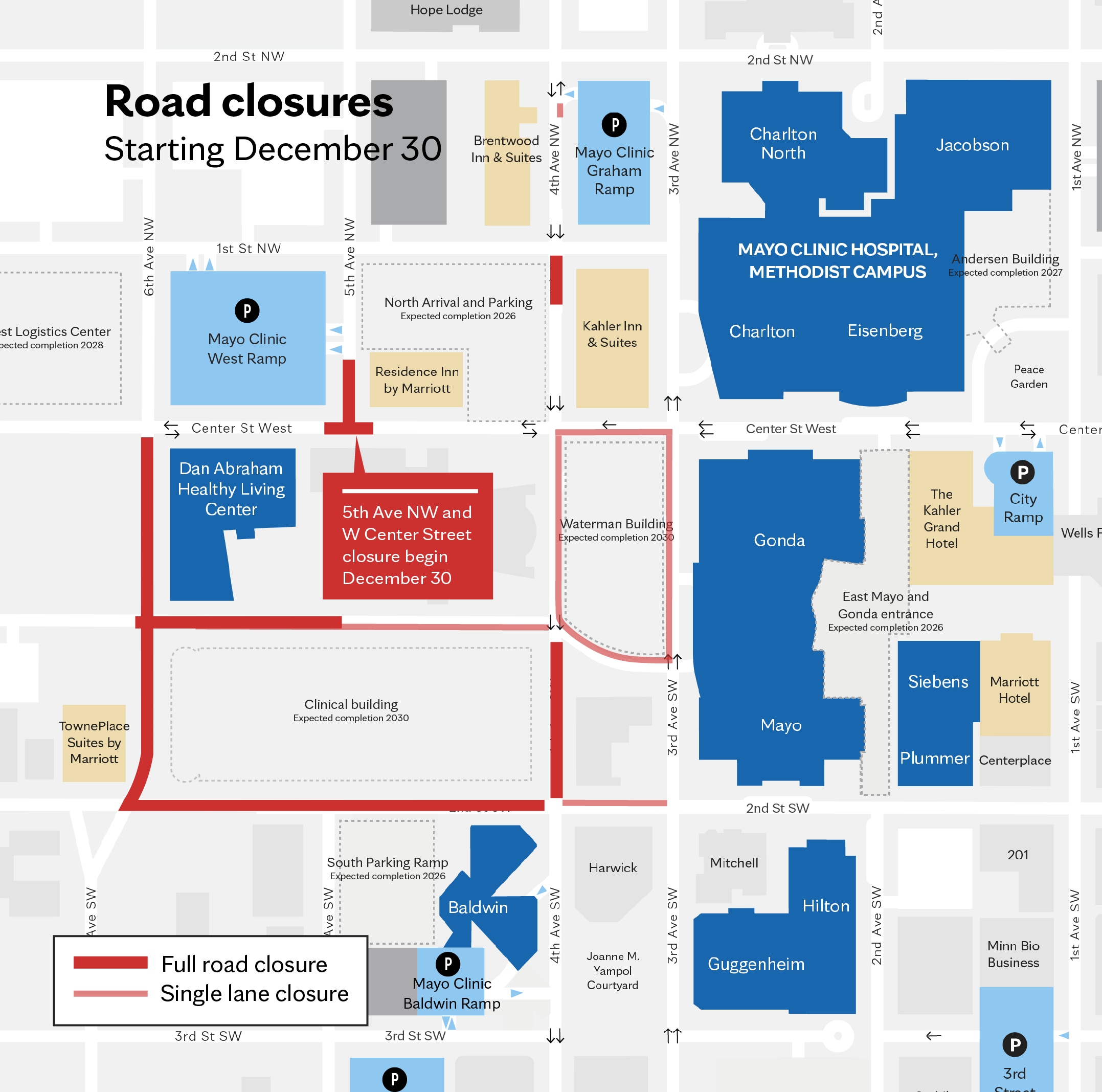 Map of 5th Ave NW and 1st St NW closures
