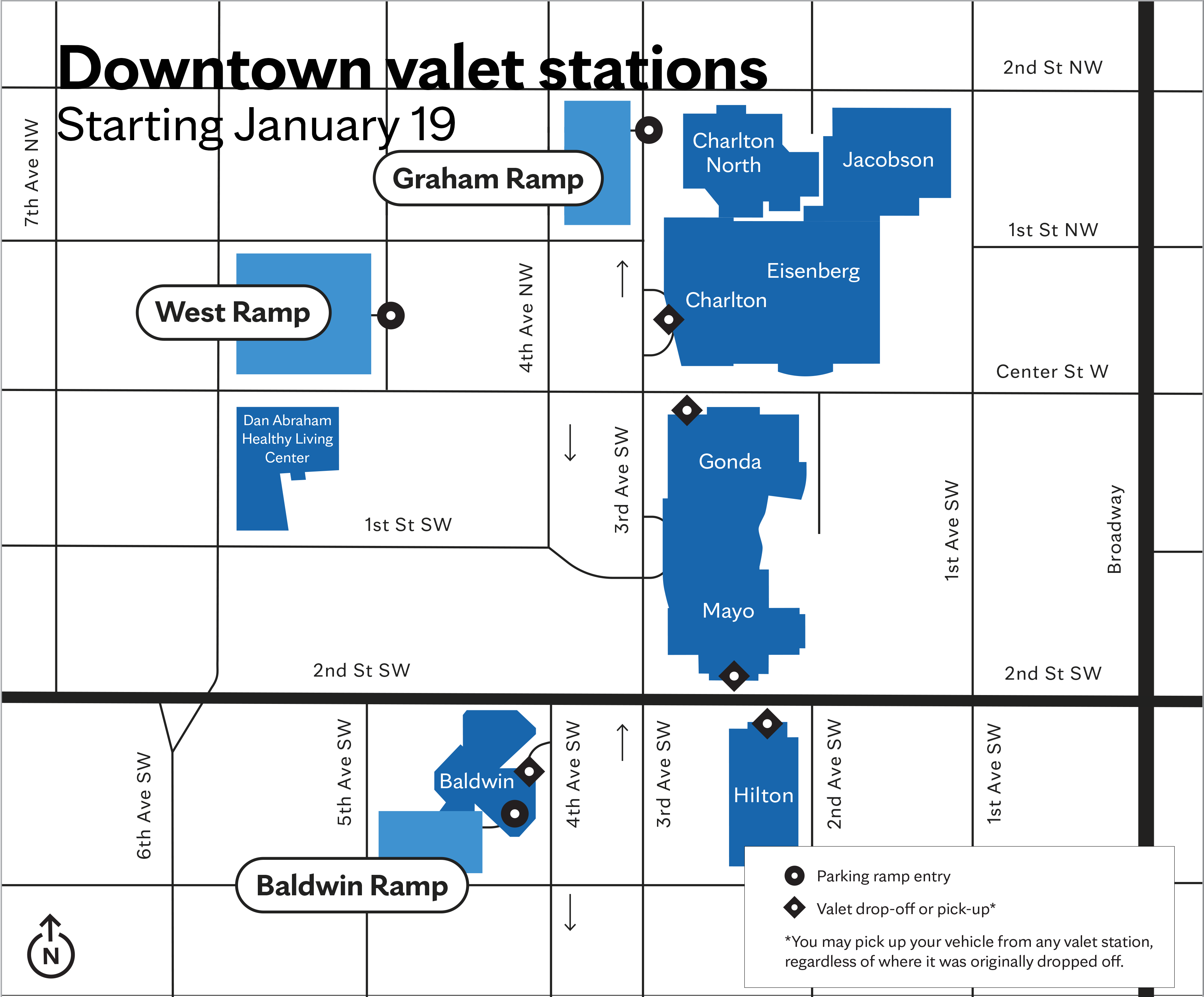 Map of Downtown Rochester valet stations