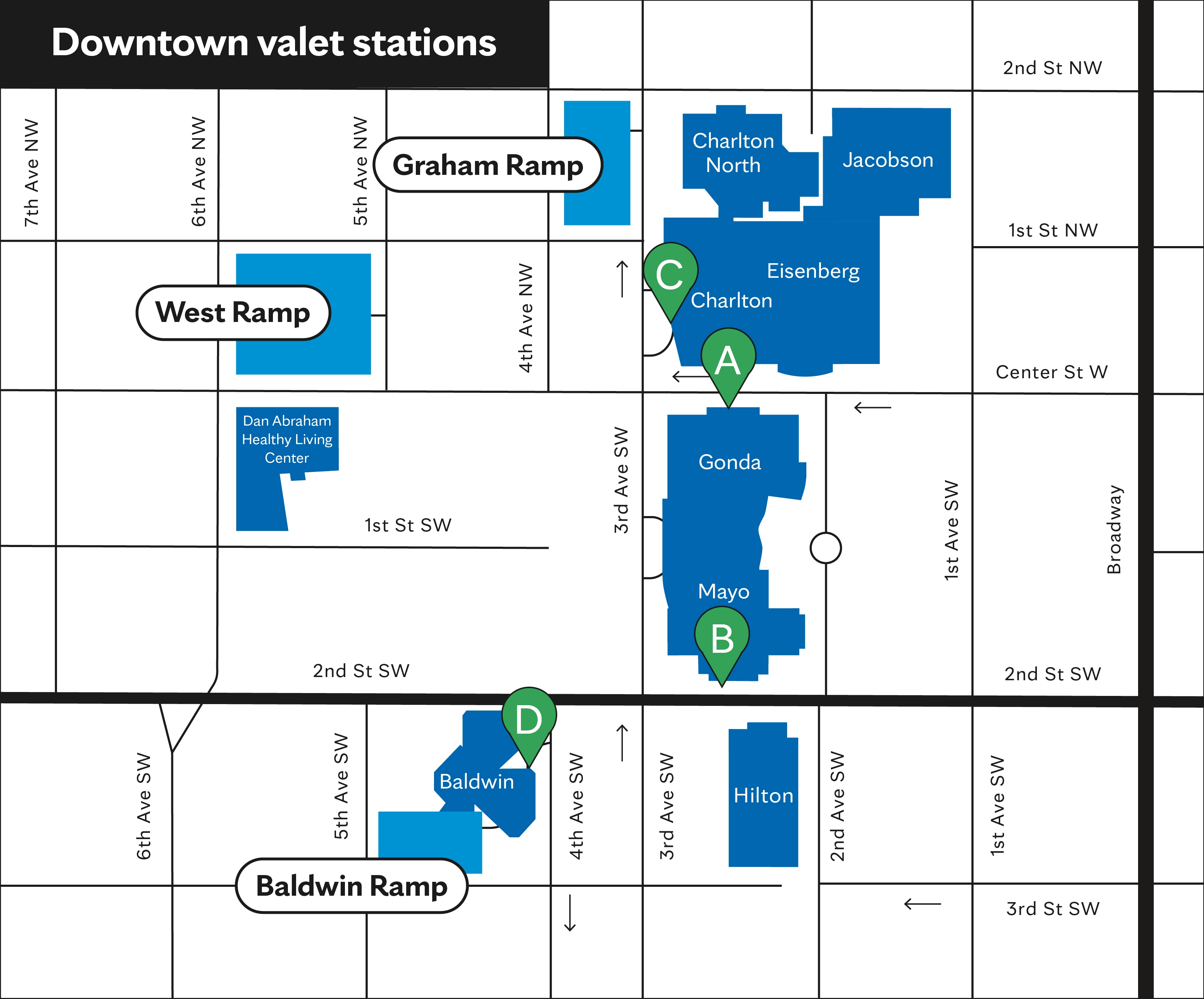 Map of Downtown Rochester valet stations