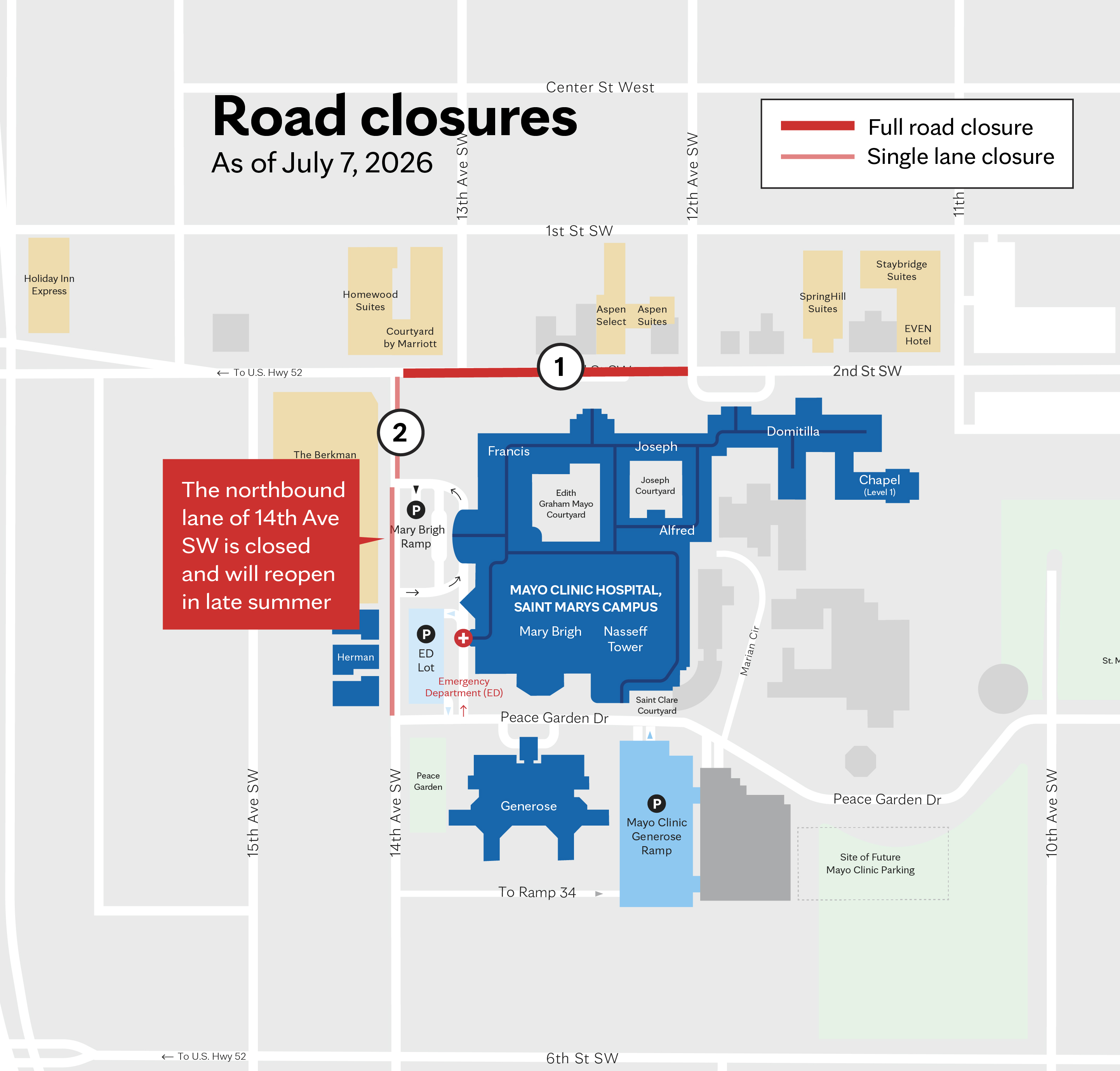 Mapa del trabajo de construcción en Mayo Clinic en Rochester