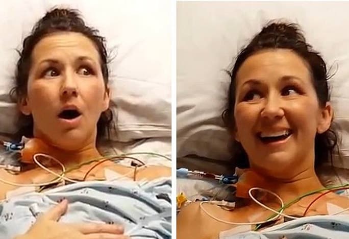 Two photos of a woman in a hospital bed looking surprised then happy