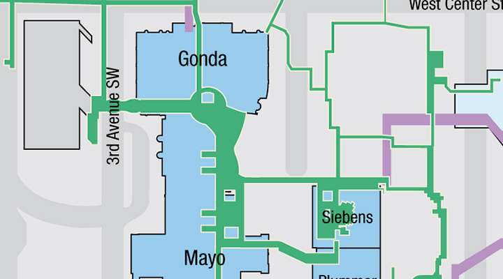 Mapa del subterráneo para el campus del centro de Mayo Clinic en Rochester, Minnesota