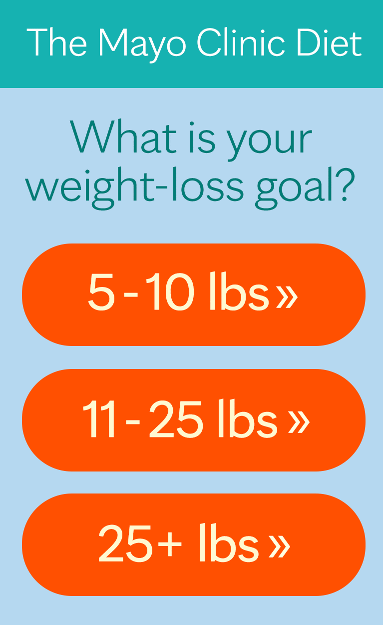 La Dieta de Mayo Clinic: ¿cuál es tu meta de pérdida de peso? De 5 a 10 lb (2,2 a 4,5 kg), de 11 a 25 lb (4,9 a 11,3 kg) o más de 25 lb (más de 11,3 kg)