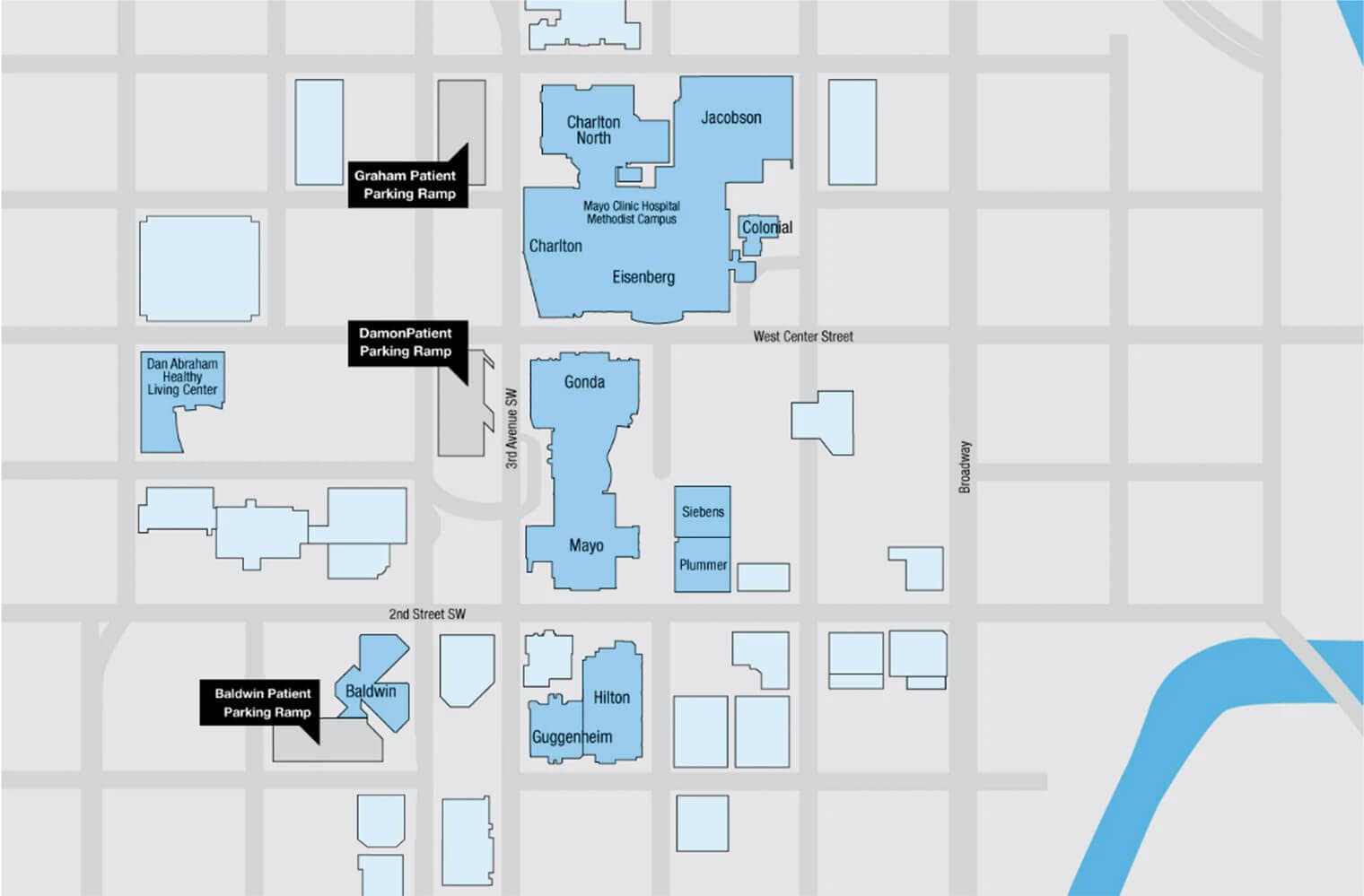 明尼苏达州罗切斯特妙佑医疗国际市中心院区停车场的地图